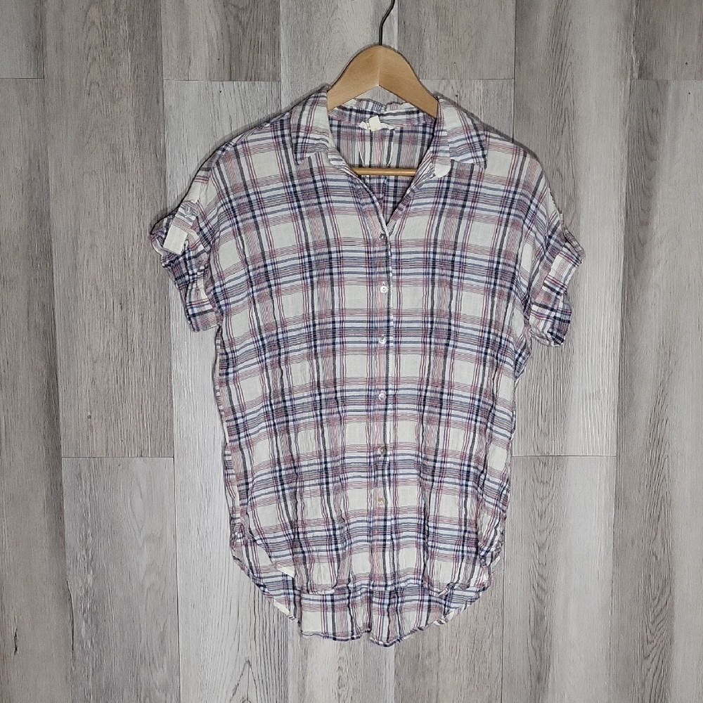 Jane And Delancey Womens Medium Plaid Button Front Top Short Sleeve Casual